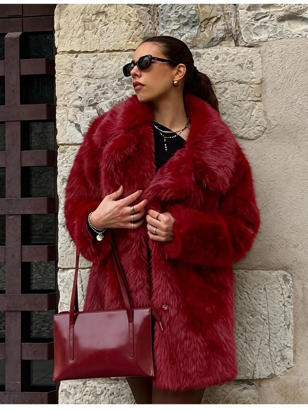 Women’s shaggy fluffy warm Luxe Faux Fur Coat - Deep Red